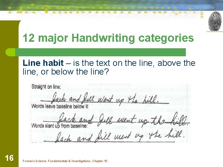 12 major Handwriting categories Line habit – is the text on the line, above