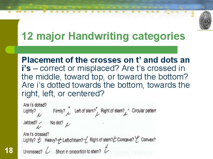 12 major Handwriting categories Placement of the crosses on t’ and dots an i’s