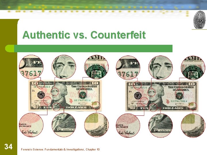 Authentic vs. Counterfeit 34 Forensic Science: Fundamentals & Investigations, Chapter 10 