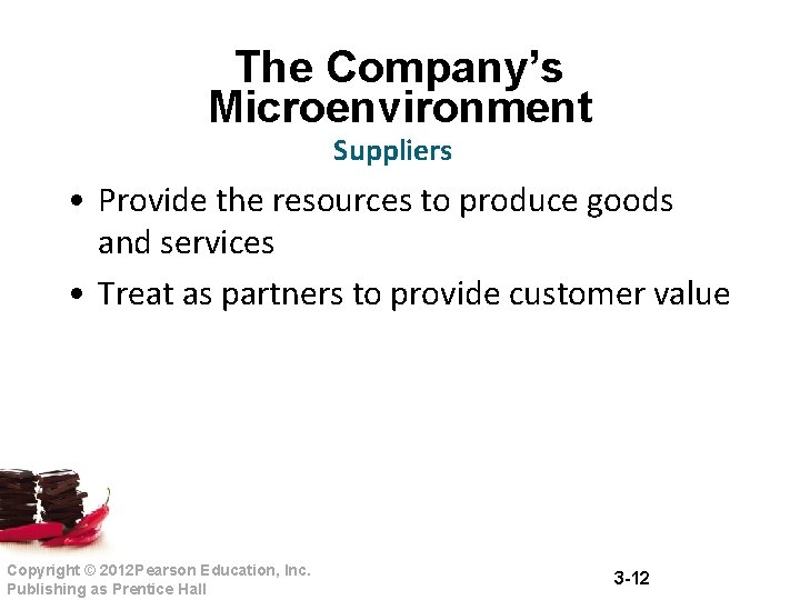 The Company’s Microenvironment Suppliers • Provide the resources to produce goods and services • The Company’s Microenvironment Suppliers • Provide the resources to produce goods and services •