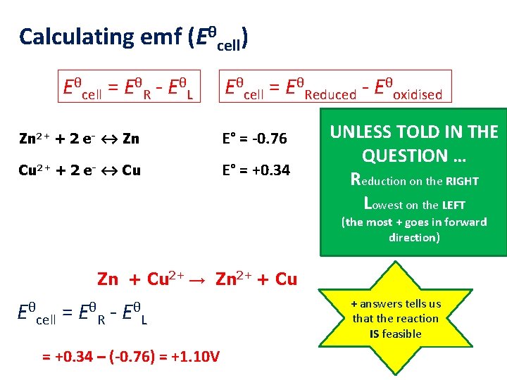 Calculating emf (Eθcell) Eθcell = EθR - EθL Eθcell = EθReduced - Eθoxidised Zn