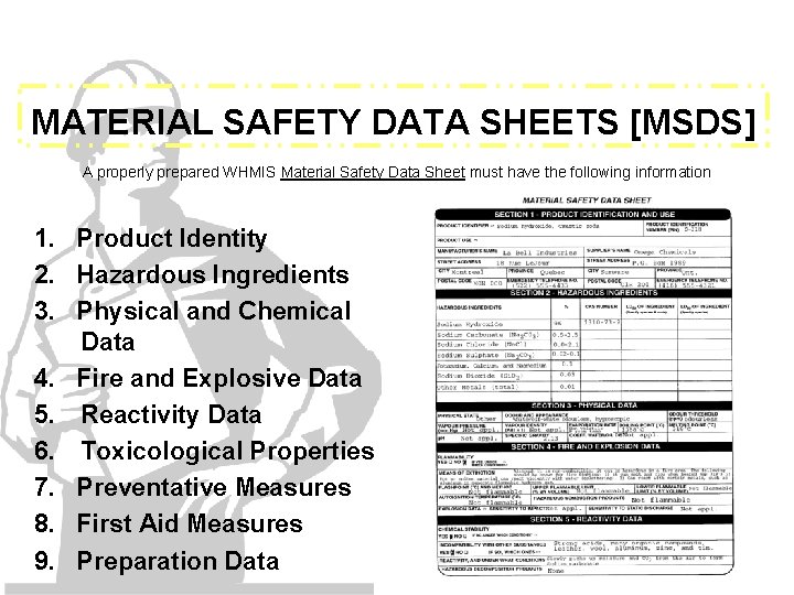 MATERIAL SAFETY DATA SHEETS [MSDS] A properly prepared WHMIS Material Safety Data Sheet must