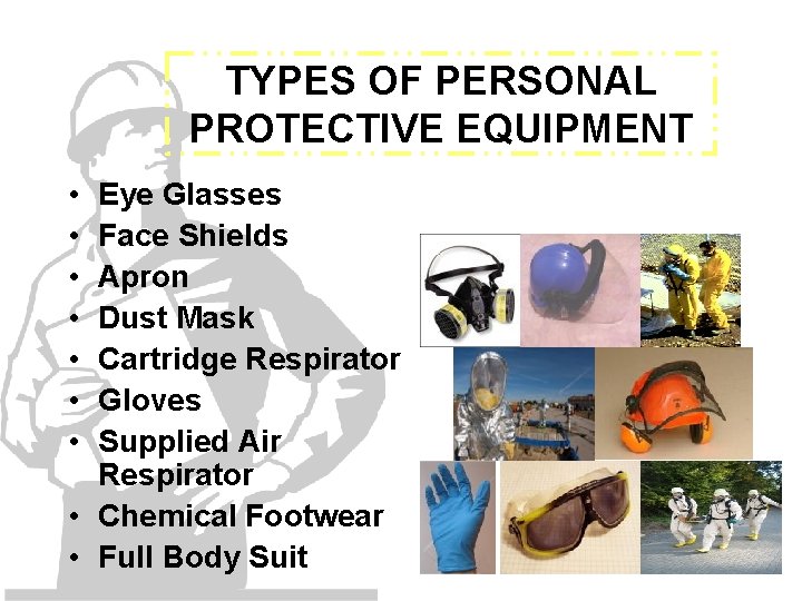 TYPES OF PERSONAL PROTECTIVE EQUIPMENT • • Eye Glasses Face Shields Apron Dust Mask