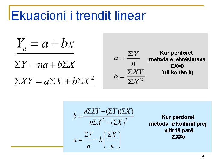 Ekuacioni i trendit linear Kur përdoret metoda e lehtësimeve ΣX=0 (në kohën 0) Kur