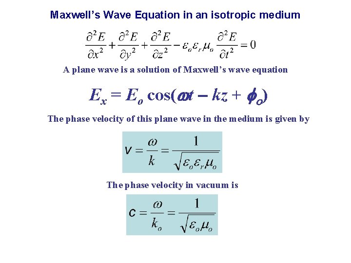 Maxwell’s Wave Equation in an isotropic medium A plane wave is a solution of