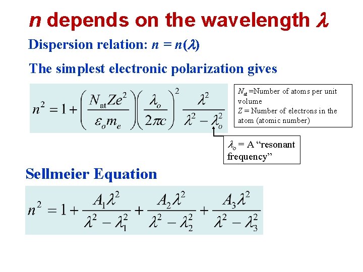 n depends on the wavelength Dispersion relation: n = n( ) The simplest electronic