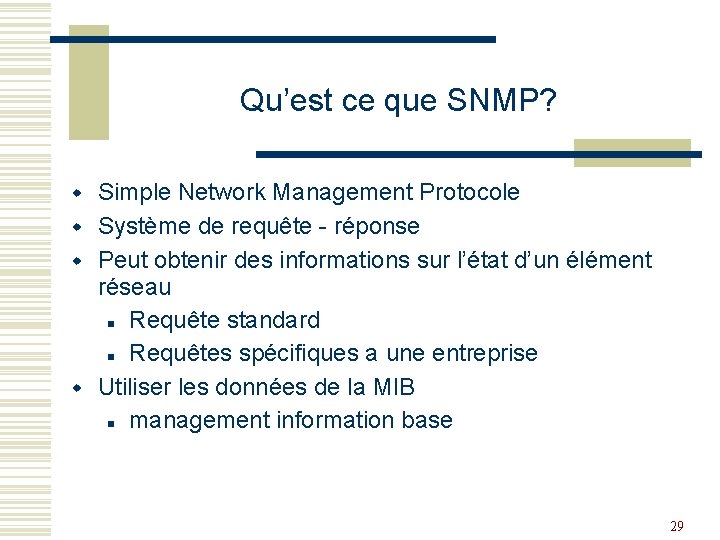 Qu’est ce que SNMP? w w Simple Network Management Protocole Système de requête -