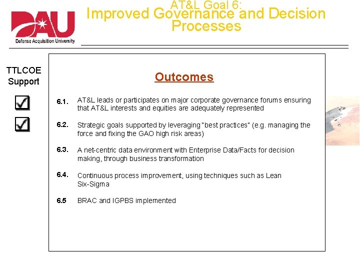 AT&L Goal 6: Improved Governance and Decision Processes TTLCOE Support Outcomes 6. 1. AT&L