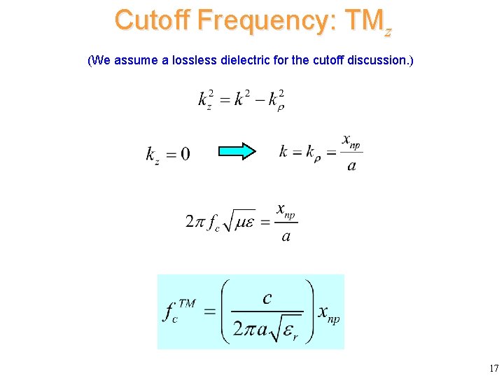 Cutoff Frequency: TMz (We assume a lossless dielectric for the cutoff discussion. ) 17