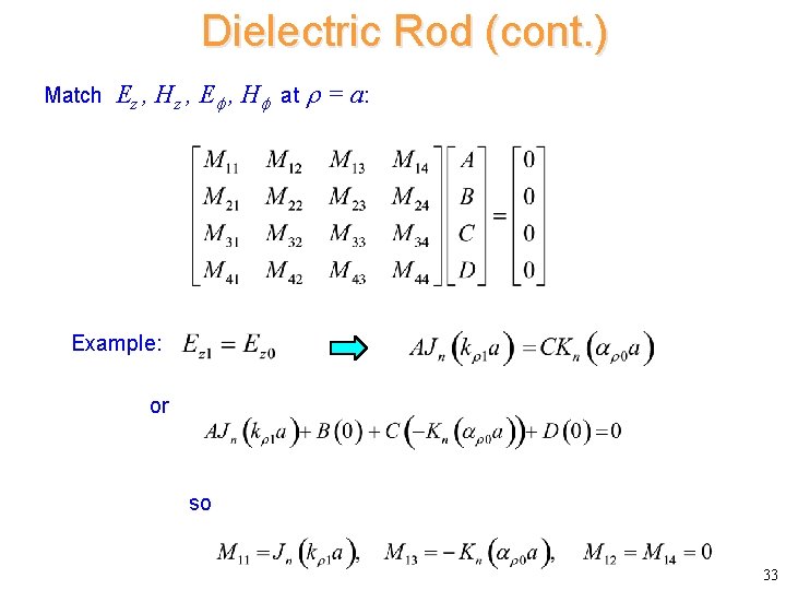 Dielectric Rod (cont. ) Match Ez , Hz , E , H at =