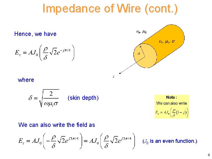 Impedance of Wire (cont. ) Hence, we have where (skin depth) We can also