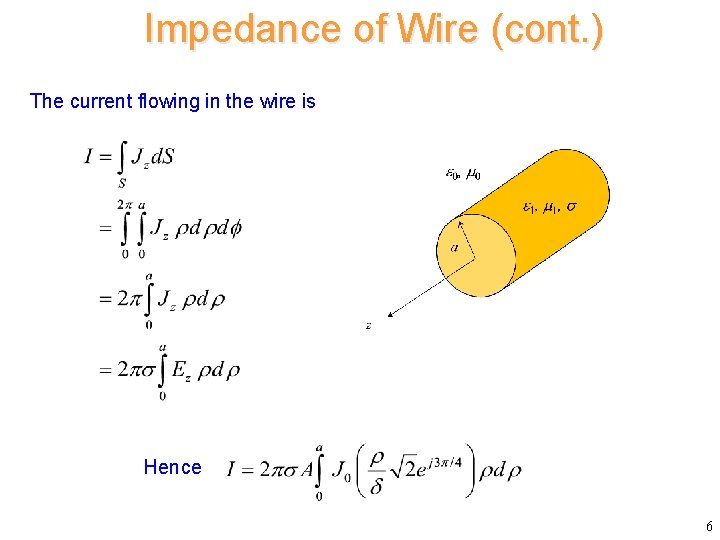 Impedance of Wire (cont. ) The current flowing in the wire is Hence 6