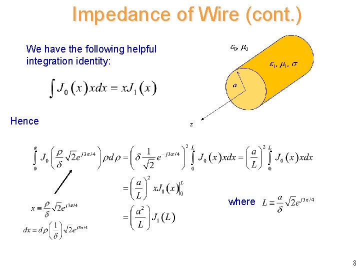 Impedance of Wire (cont. ) We have the following helpful integration identity: Hence where
