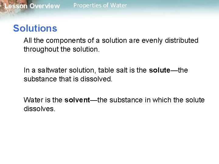 Lesson Overview Properties of Water Solutions All the components of a solution are evenly