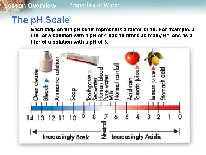 Lesson Overview Properties of Water The p. H Scale Each step on the p.