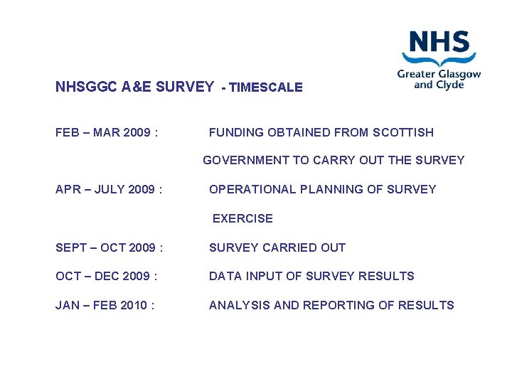 NHSGGC A&E SURVEY - TIMESCALE FEB – MAR 2009 : FUNDING OBTAINED FROM SCOTTISH