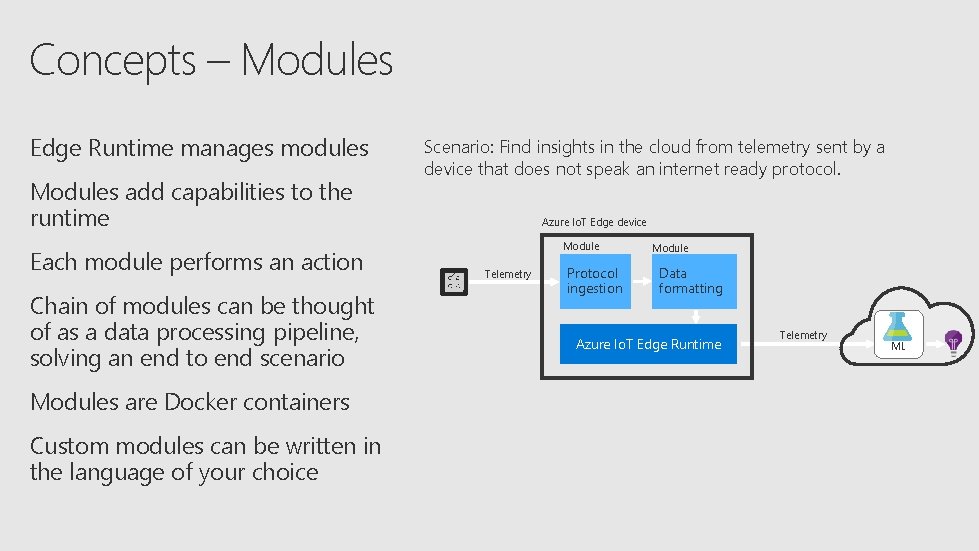 Concepts – Modules Edge Runtime manages modules Modules add capabilities to the runtime Each