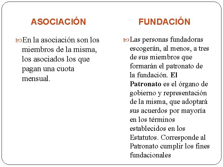 ASOCIACIÓN FUNDACIÓN En la asociación son los Las personas fundadoras miembros de la misma,