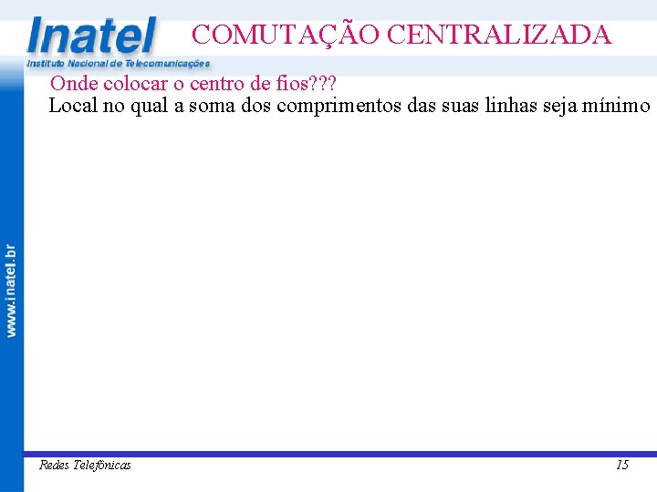 COMUTAÇÃO CENTRALIZADA Onde colocar o centro de fios? ? ? Local no qual a