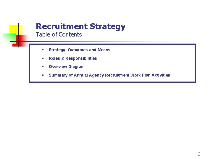 Recruitment Strategy Table of Contents § Strategy, Outcomes and Means § Roles & Responsibilities