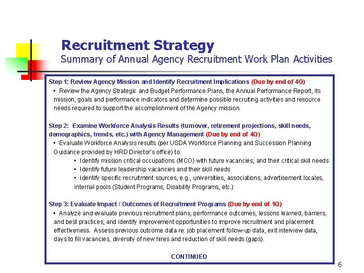 Recruitment Strategy Summary of Annual Agency Recruitment Work Plan Activities Step 1: Review Agency