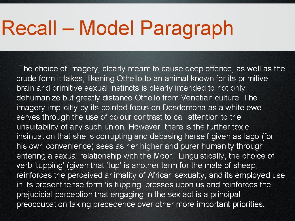 Recall – Model Paragraph The choice of imagery, clearly meant to cause deep offence,