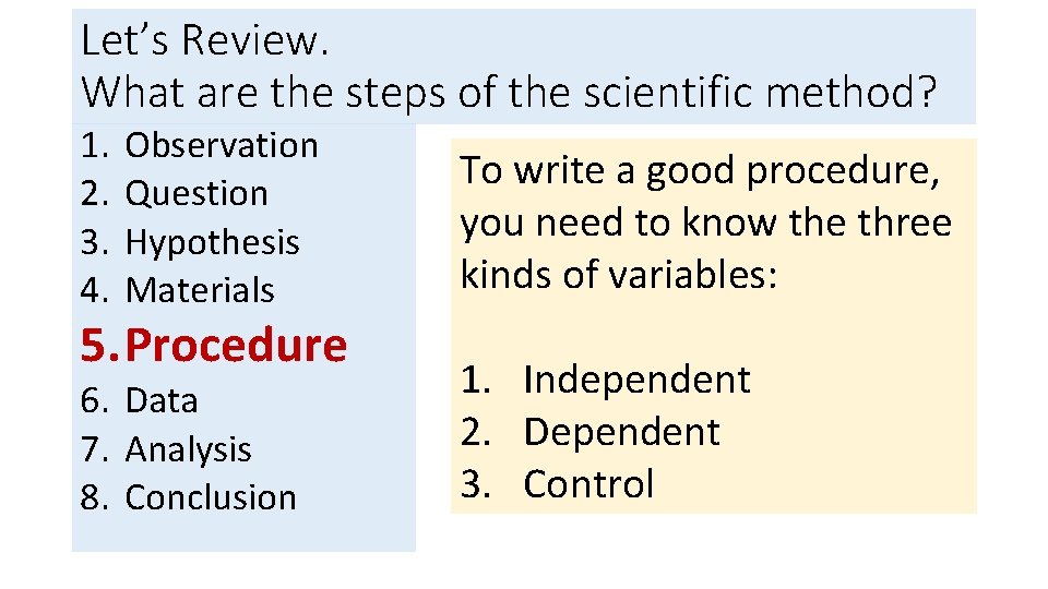 Let’s Review. What are the steps of the scientific method? 1. 2. 3. 4.