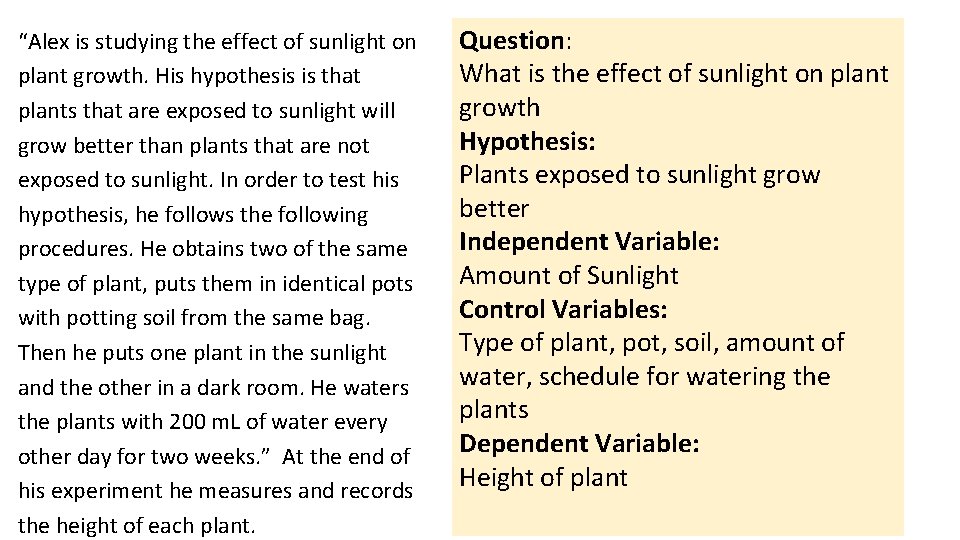 “Alex is studying the effect of sunlight on plant growth. His hypothesis is that