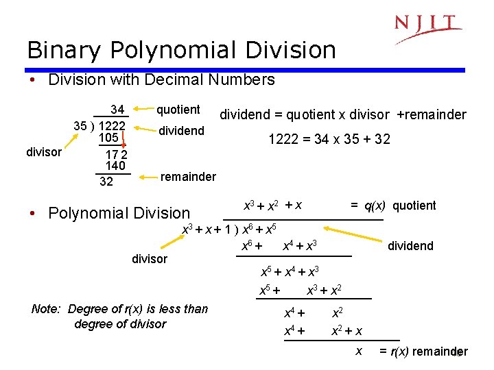 Binary Polynomial Division • Division with Decimal Numbers 34 35 ) 1222 105 divisor Binary Polynomial Division • Division with Decimal Numbers 34 35 ) 1222 105 divisor