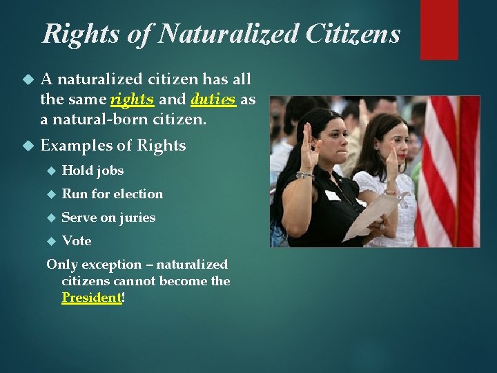 Rights of Naturalized Citizens A naturalized citizen has all the same rights and duties