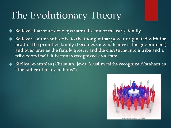 The Evolutionary Theory Believes that state develops naturally out of the early family. Believers