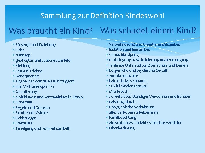 Sammlung zur Definition Kindeswohl Was braucht ein Kind? Was schadet einem Kind? Fürsorge und