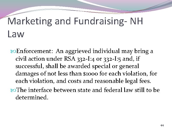 Marketing and Fundraising- NH Law Enforcement: An aggrieved individual may bring a civil action