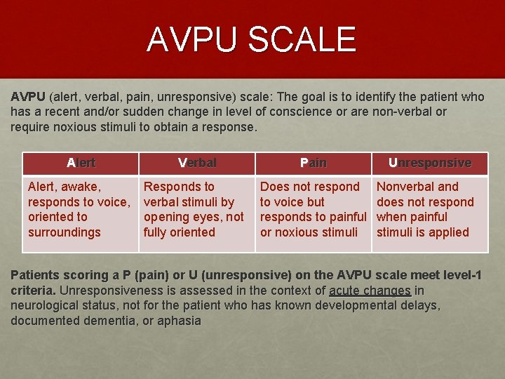 AVPU SCALE AVPU (alert, verbal, pain, unresponsive) scale: The goal is to identify the