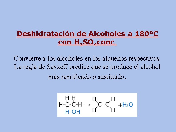 Deshidratación de Alcoholes a 180ºC con H 2 SO 4 conc. Convierte a los