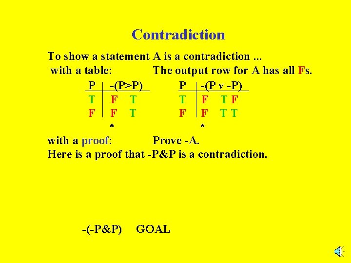 Contradiction To show a statement A is a contradiction. . . with a table: