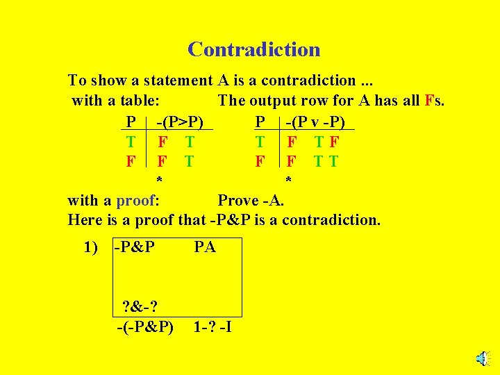 Contradiction To show a statement A is a contradiction. . . with a table: