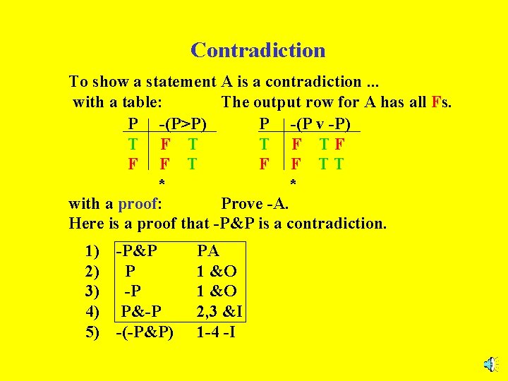 Contradiction To show a statement A is a contradiction. . . with a table: