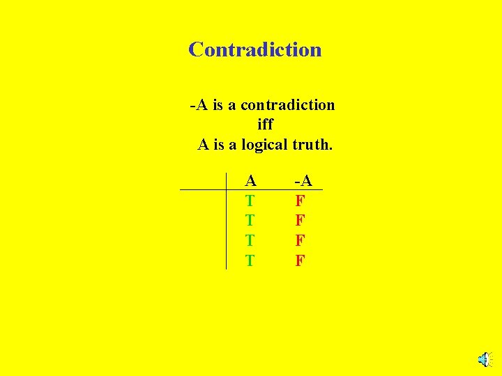 Contradiction -A is a contradiction iff A is a logical truth. A T T