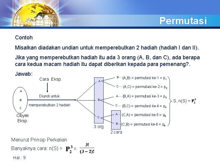 Permutasi Contoh Misalkan diadakan undian untuk memperebutkan 2 hadiah (hadiah I dan II). Jika