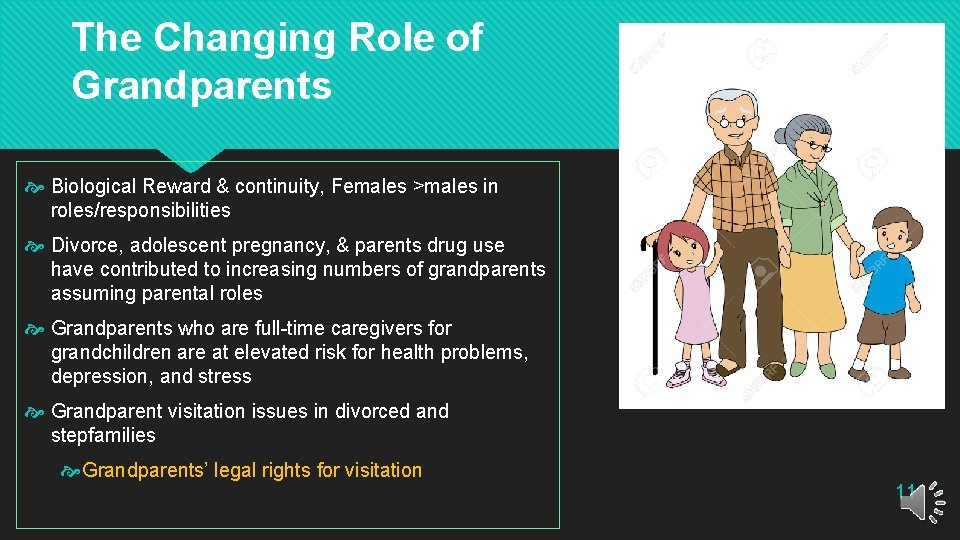 The Changing Role of Grandparents Biological Reward & continuity, Females >males in roles/responsibilities Divorce,