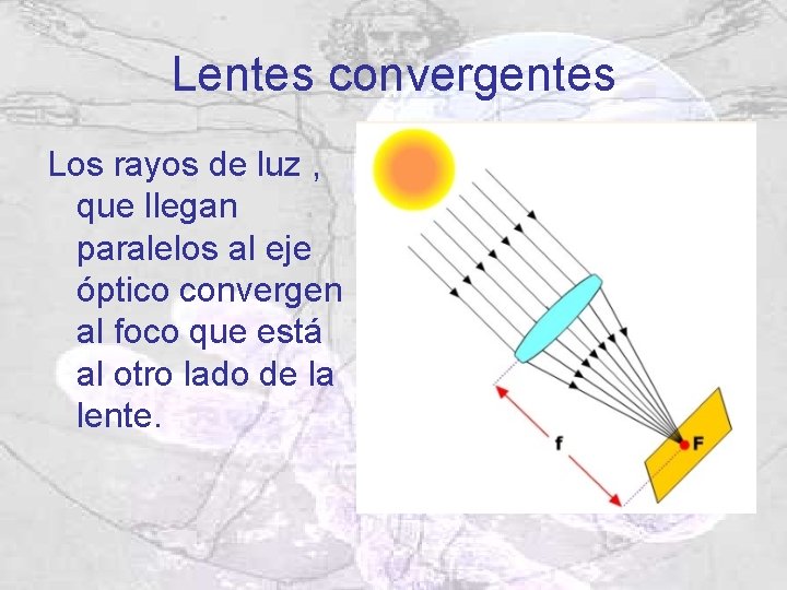 Lentes convergentes Los rayos de luz , que llegan paralelos al eje óptico convergen