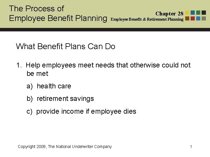 The Process of Employee Benefit Planning Chapter 28 Employee Benefit & Retirement Planning What