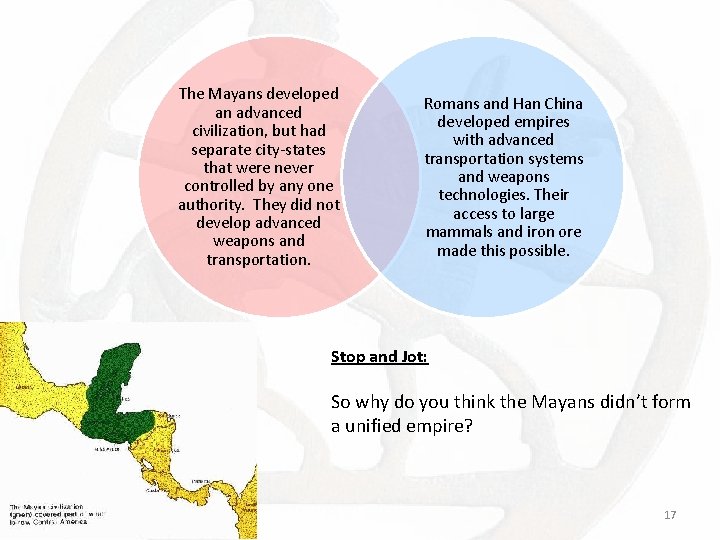 The Mayans developed an advanced civilization, but had separate city-states that were never controlled