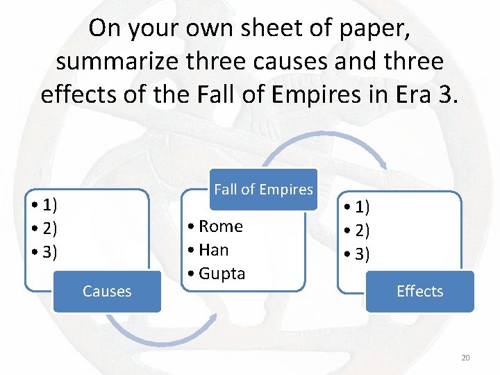 On your own sheet of paper, summarize three causes and three effects of the