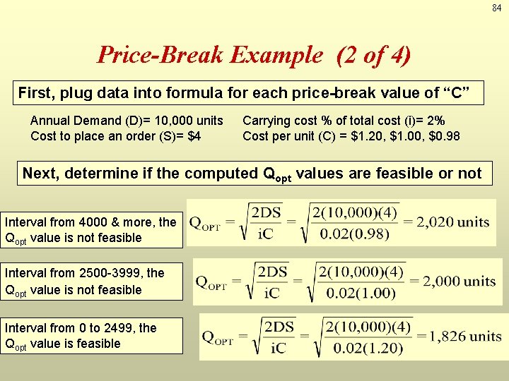 84 Price-Break Example (2 of 4) First, plug data into formula for each price-break