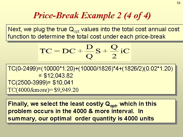 86 Price-Break Example 2 (4 of 4) Next, we plug the true Qopt values