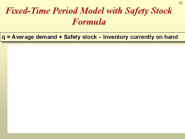 92 Fixed-Time Period Model with Safety Stock Formula q = Average demand + Safety