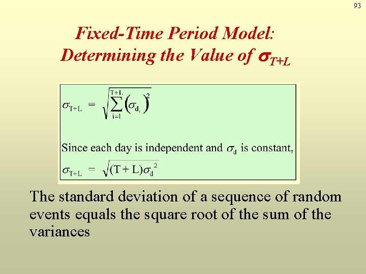 93 Fixed-Time Period Model: Determining the Value of s. T+L The standard deviation of