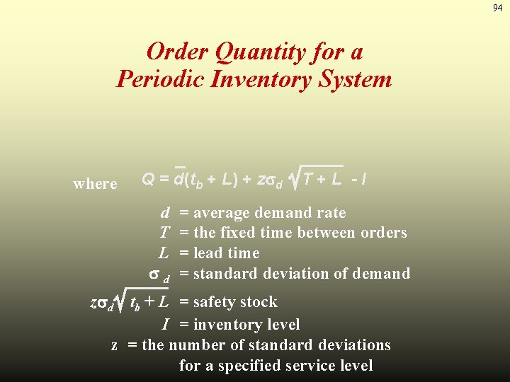 94 Order Quantity for a Periodic Inventory System where Q = d(tb + L)